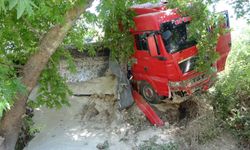 Devrilen çekici çınar ağacına takıldı