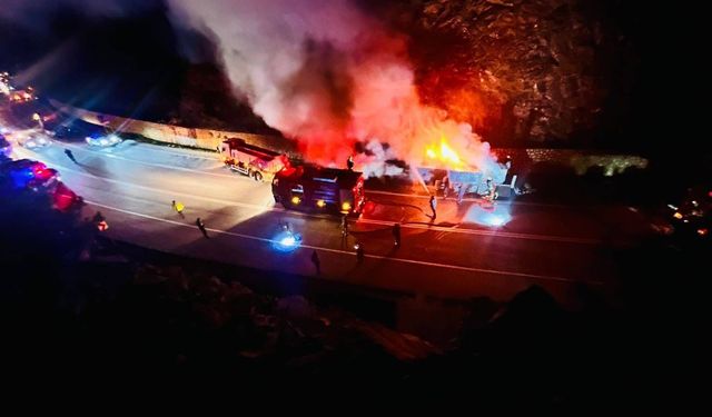 Isınan tekerlek balatalarından çıkan alevler sunta yüklü tırı yaktı