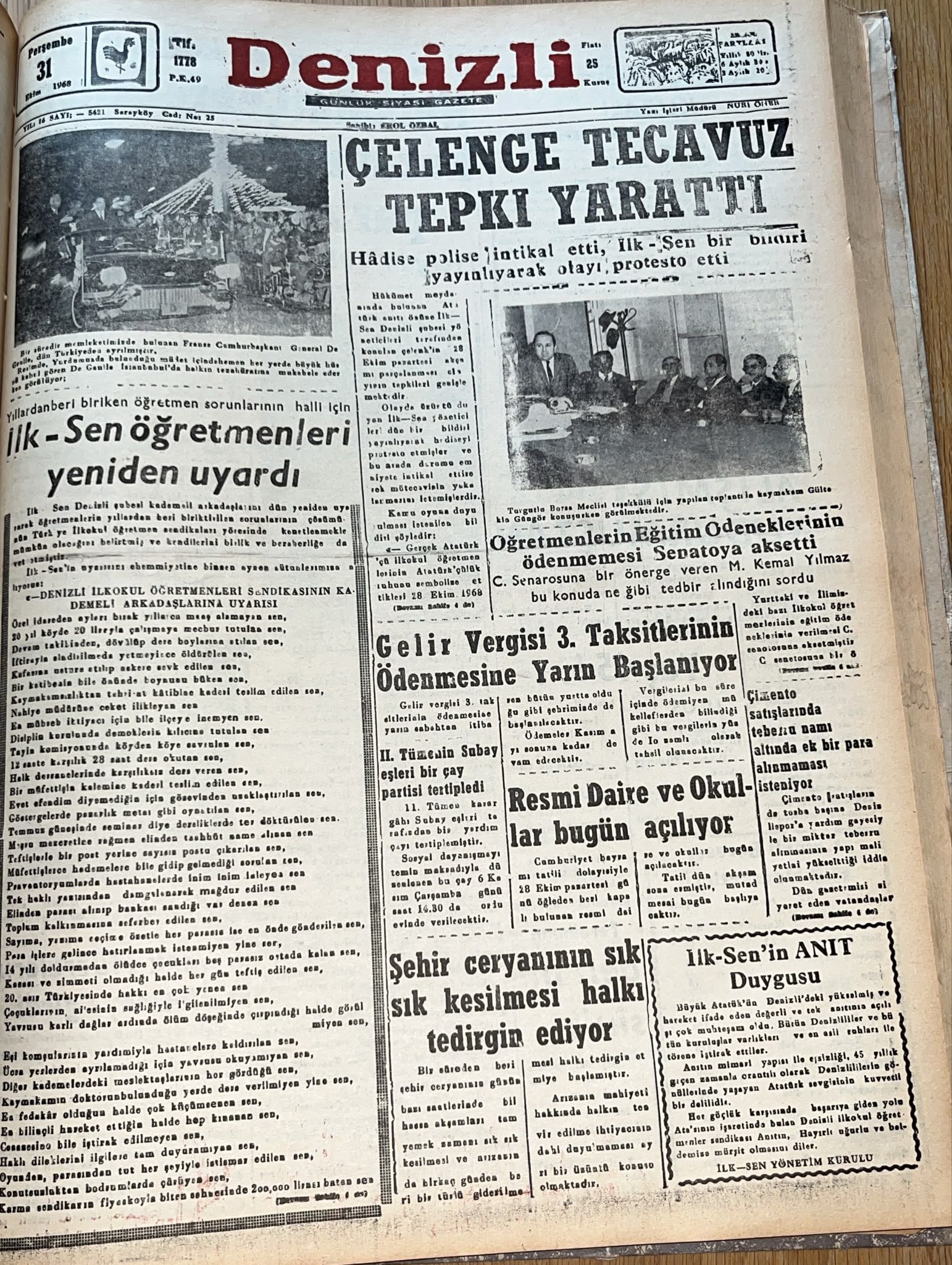 Denizli Haber Tarihte Bugün 31 Ekim 1968-1
