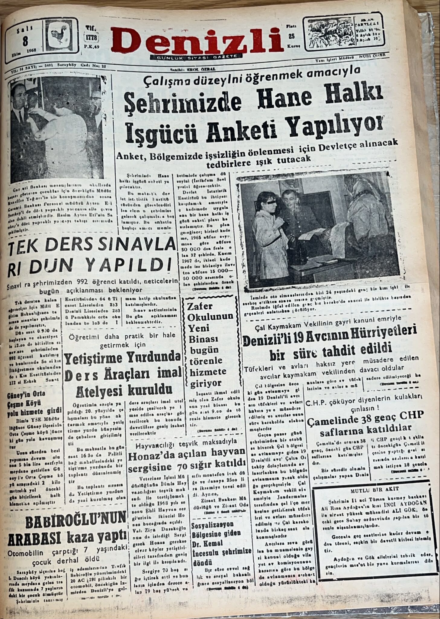 Deni̇zli̇ Haber Tarihte Bugun 8 Ekim 1968-1